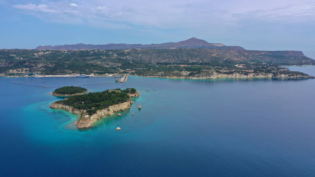 Aerial drone photo of famous Venetian fortified islet of Souda featuring small chapel of Agios Nikolaos, Chania, Crete island, Greece