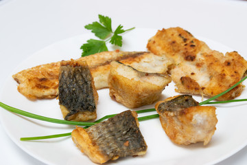 Tasty food, nutrition, kitchen and culinary concept: closeup pieces of fried, baked, golden and tasty fish on a white plate.