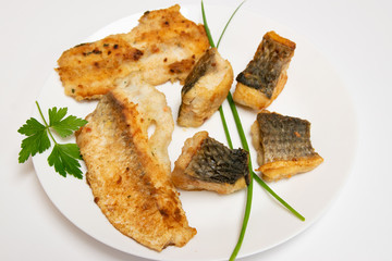 Tasty food, nutrition, kitchen and culinary concept: closeup pieces of fried, baked, golden and tasty fish on a white plate.