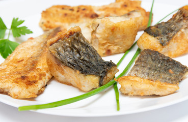 Tasty food, nutrition, kitchen and culinary concept: closeup pieces of fried, baked, golden and tasty fish on a white plate.