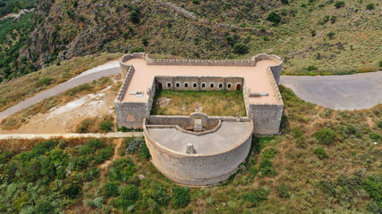 Aerial drone photo of famous Ottoman fortified castle of Koule near ancient city of Aptera, Chania, Crete island