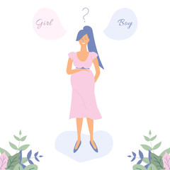 Cute pregnant girl in pink dress.Flat Funky Figures style.Decorated beautiful leaves.Question or dreams about Girl or Boy. Vector illustration.For advertising, logo, leaflets,booklets,flyers