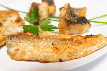 Tasty food, nutrition, kitchen and culinary concept: closeup pieces of fried, baked, golden and tasty fish on a white plate.