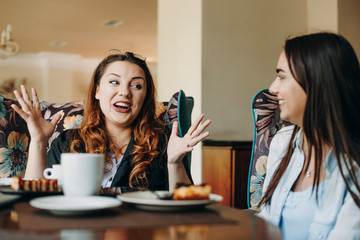 Lovely, funny, plus size women storytelling gesticulating to her girlfriend while sitting at a table in a coffee shop.