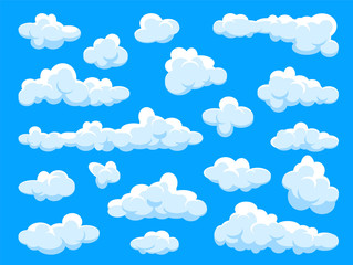 White clouds set. Abstract  blue summer sky. Simple cartoon cloud. Vector illustration.