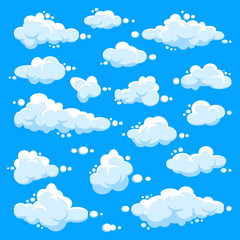 White clouds set. Abstract  blue summer sky. Simple cartoon cloud. Vector illustration.