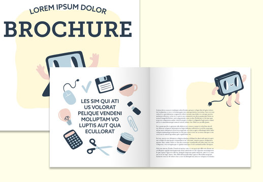 Brochure Layout with Pastel Office Illustrations