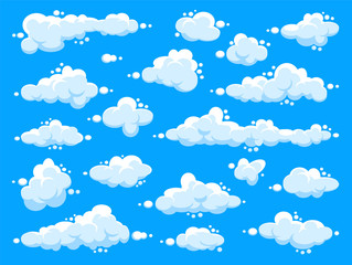 White clouds set. Abstract  blue summer sky. Simple cartoon cloud. Vector illustration.