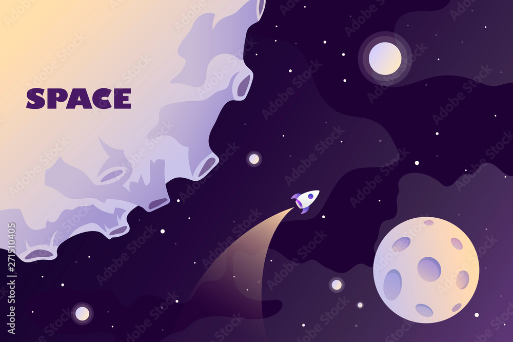 Wall mural horizontal space background with abstract shape and planets. space exploring. fantasy cartoon backdr