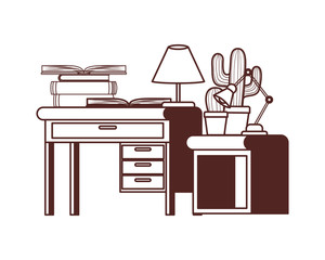 desk and shelving with stack of books on white background