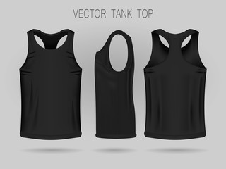 Men's black tank top template in three dimensions: front, side and back view. Blank of realistic male sport shirts