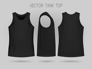 Men's black tank top template in three dimensions: front, side and back view. Blank of realistic male sport shirts