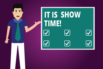 Text sign showing It Is Show Time. Conceptual photo Entertainment business starting perforanalysisce in stage Man with Tie Standing Talking Presenting Blank Color Square Board photo
