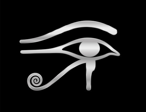 Eye of Horus. Ancient Egyptian silver symbol of goddess Wedjat. Vector illustration on black background.