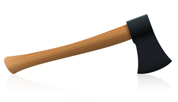 Axe with black head and wooden handle. Isolated vector illustration on white background.