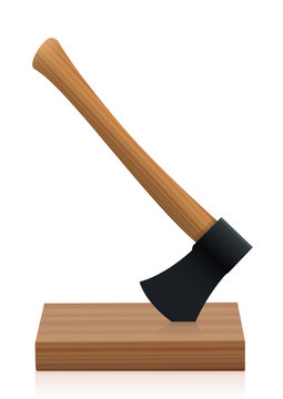 Axe with wooden handle and black head stuck in a board. Isolated vector illustration on white background.