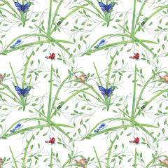 Summer seamless pattern with green grass and insects.