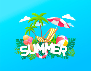 Fototapeta na wymiar Summer colour text banner with green tropical leaves