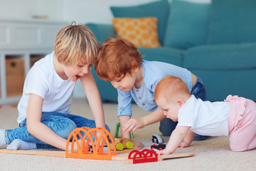 cute kids, siblings playing toys together on the carpet at home