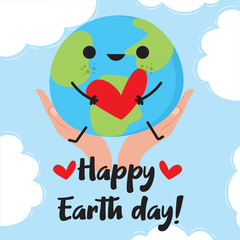 Happy Earth Day Vector illustration. Smile Earth with a cute heart on hands
