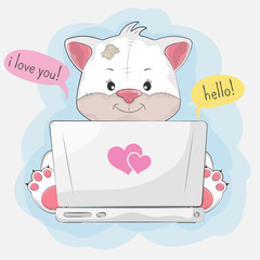 Cute cartoon kitty playing in computer game through the Internet.