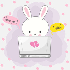 Cute cartoon bunny playing in computer game through the Internet.
