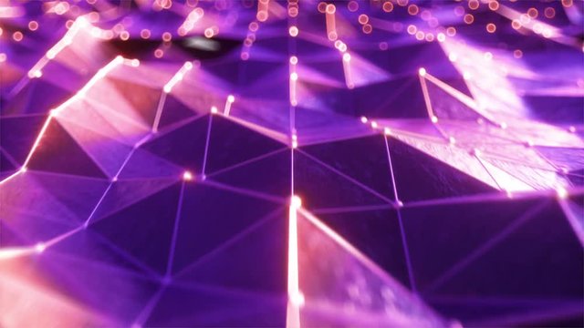 Flying over the landscape of a relief area in a retro futuristic style with a neon grid and luminous spheres. Modern ultraviolet light. Seamless loop 4k animation