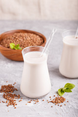 Organic non dairy buckwheat  milk in glass and wooden plate with buckwheat seeds on a gray concrete background.