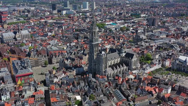 Aerial view of cityscape of Antwerp, gothic style landmark Cathedral of Our Lady (Onze-Lieve-Vrouwekathedraal Antwerpen) in historic center of city - landscape panorama of Belgium from above, Europe
