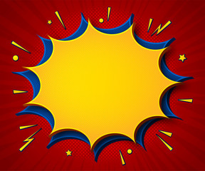 Comics background. Cartoon poster in pop art style with yellow-blue speech bubbles with halftone and sound effects. Funny colorful banner with place for text on red backdrop with radial stripes
