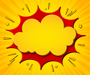 Comics background. Cartoon poster in pop art style with yellow-red speech bubbles with halftone and sound effects. Funny colorful banner with place for text on bright backdrop with radial stripes