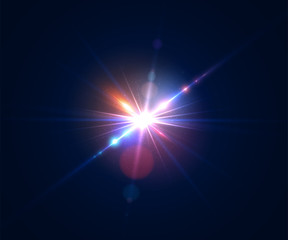 Glowing flash. Beautiful glare effect with bokeh, glitter particles and rays. Sparkling light effects of lens flare with colorful twinkle. Shining abstract background. Vector illustration.