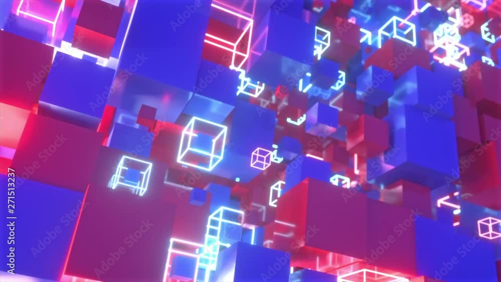 Poster abstract motion of colorful red and blue cubes with neon glowing cubes. seamless loop 4k animation