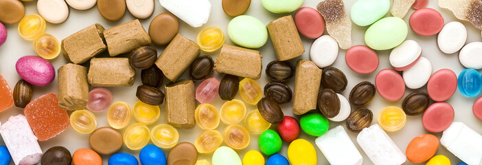 banner of multicolored caramel candies scattered on the table background. sugar products. colored sweets