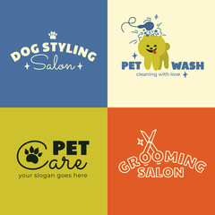 Logo for Dog Styling, Wash, Care and Grooming salon, veterinary clinic. Set of signs with Pet services. Icon with Spitz. Vector illustration of home animal cleaning. Business card or banner Design.