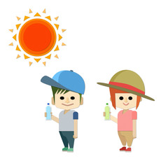 男の子と女の子が帽子をかぶって水分補給をして熱中症対策をしている熱中症のイラスト