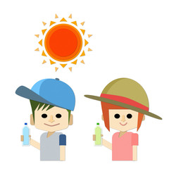 男の子と女の子が帽子をかぶって水分補給をして熱中症対策をしているイラスト