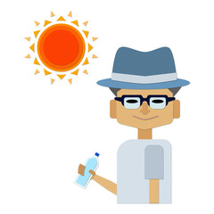 高齢の男性が帽子をかぶって水分補給をして熱中症対策をしているのイラスト