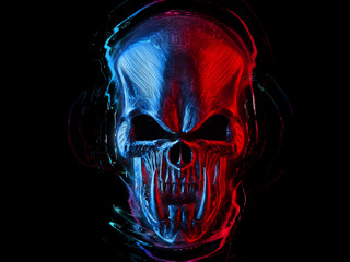 Angry red and blue demon skull with huge lower teeth