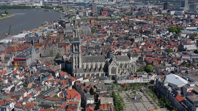 Aerial view of cityscape of Antwerp, gothic style landmark Cathedral of Our Lady Antwerp and river Scheldt in historic center of city - landscape panorama of Belgium from above, Europe