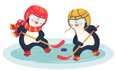 Fototapeta premium penguin play ice hockey in the winter