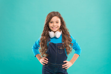 Audio track. Schoolgirl leisure. Online education. Girl adorable child listening audio course. Get more information. Modern education concept. Audio book. Benefits audio lessons. Access to knowledge