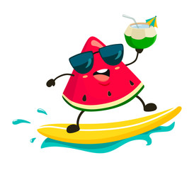 Cheerful watermelon surf on the wave with a drink. Vector illustration