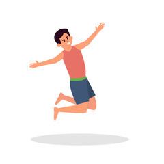 Fototapeta na wymiar Happy suntanned boy jumps on beach. Summer vector illustration.