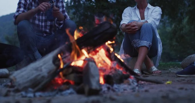 A group of happy young friends relaxing and enjoying summer evening around campfire on the river bank
