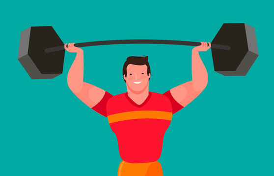 Funny bodybuilder raises heavy barbell. Gym vector illustration