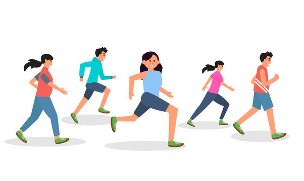 Men and women dressed in sports clothes running marathon race. Participants of athletics event trying to outrun each other. Flat cartoon characters isolated on white background. Vector illustration 
