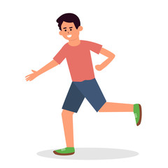 Fototapeta na wymiar Funny cartoon running guy Cute run boy Jogging man Runner Fitness workout running male character Isolated White background. Flat design