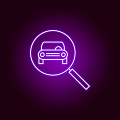 car front magnifier glass outline icon in neon style. Elements of car repair illustration in neon style icon. Signs and symbols can be used for web, logo, mobile app, UI, UX