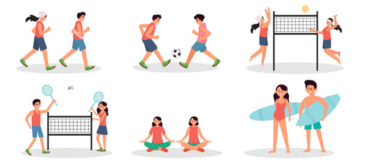 Set of people performing summer sports and leisure outdoor activities at beach, in sea or ocean - couple running, playing ball, volley, yoga, badminton. Colorful flat cartoon vector illustration